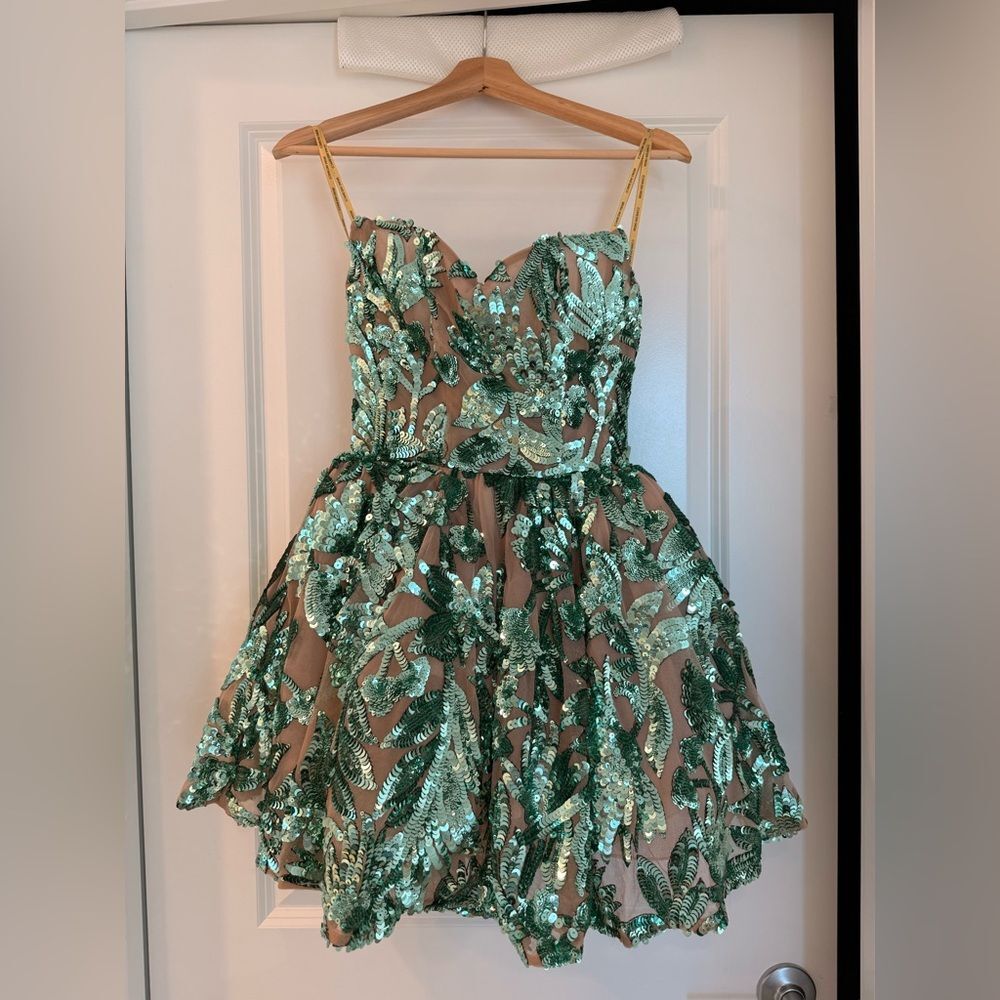 NWOT BRONX AND BANCO Chloe Teal Strapless Sequin Mini Dress, wedding guest dress - Picture 8 of 16